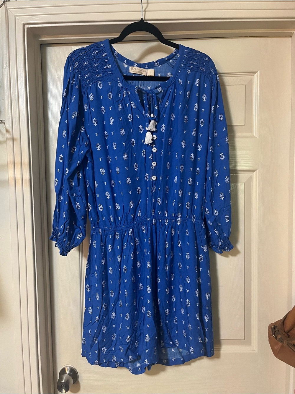 EUC Anthropologie Beachgold Blue White Boho Mini Dress Tassel L